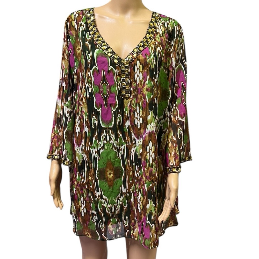 Metro 22 V Neck Colorful Tunic Blouse Flowy Top Rhinestone Embellished Womens 3X